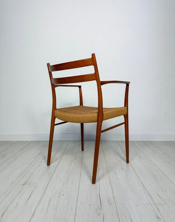 Chaise de salle à manger avec accoudoirs en teck et corde à papier GS700 des années 1950 par Arne Wahl Iversen pour Glyngøre Stolefabrik
