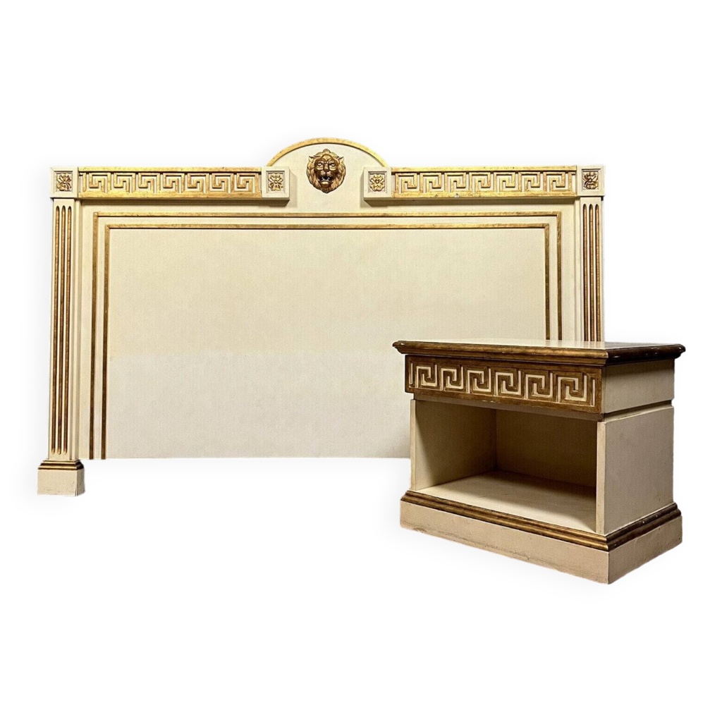 Ensemble tête de lit et tables en bois ton vieilli 160x80cm Flandes i