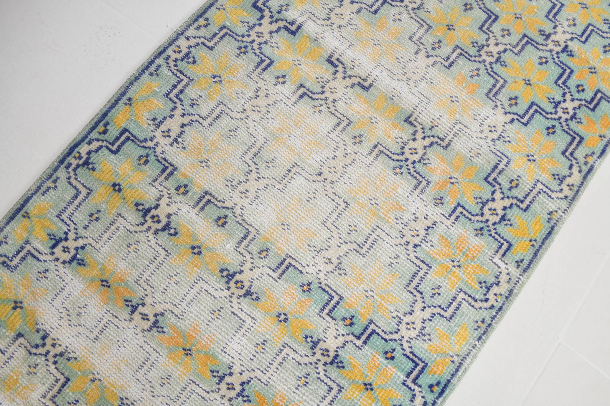 2x10 Blue & Yellow Vintage Runner Rug 73x328Cm