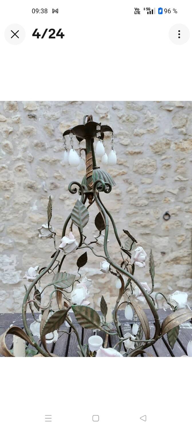 Italian cage chandelier decorated with ceramic roses and glass paste pendants