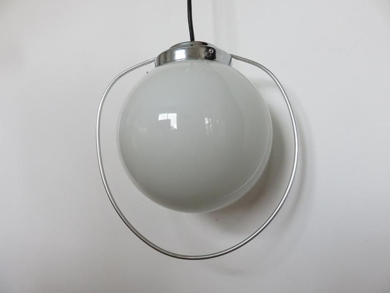 Hanging lamp Bauhaus white opaline ball and chrome metal 30 40 years
