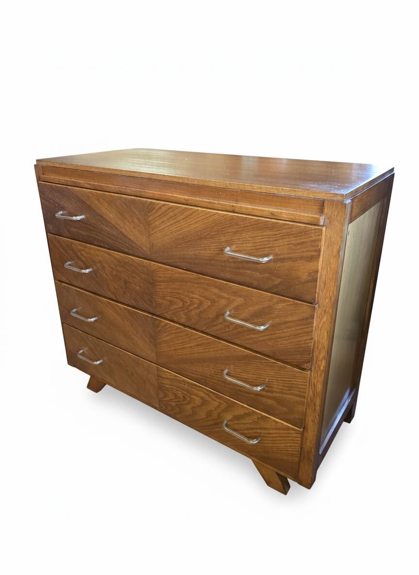Vintage oak chest of drawers with herringbone patterns from the 1960s.