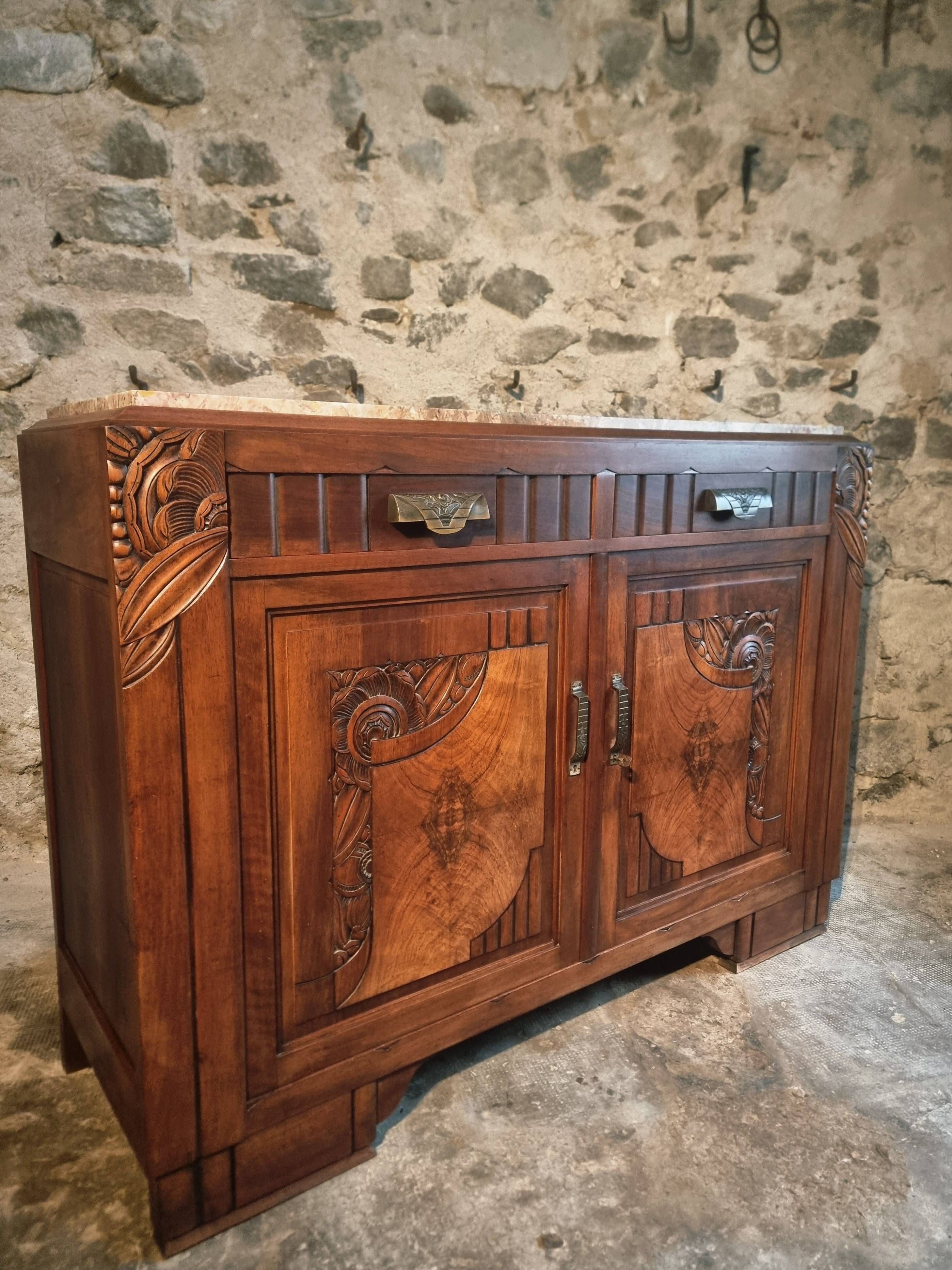 French Art Deco walnut sideboard with marble top (1930s)