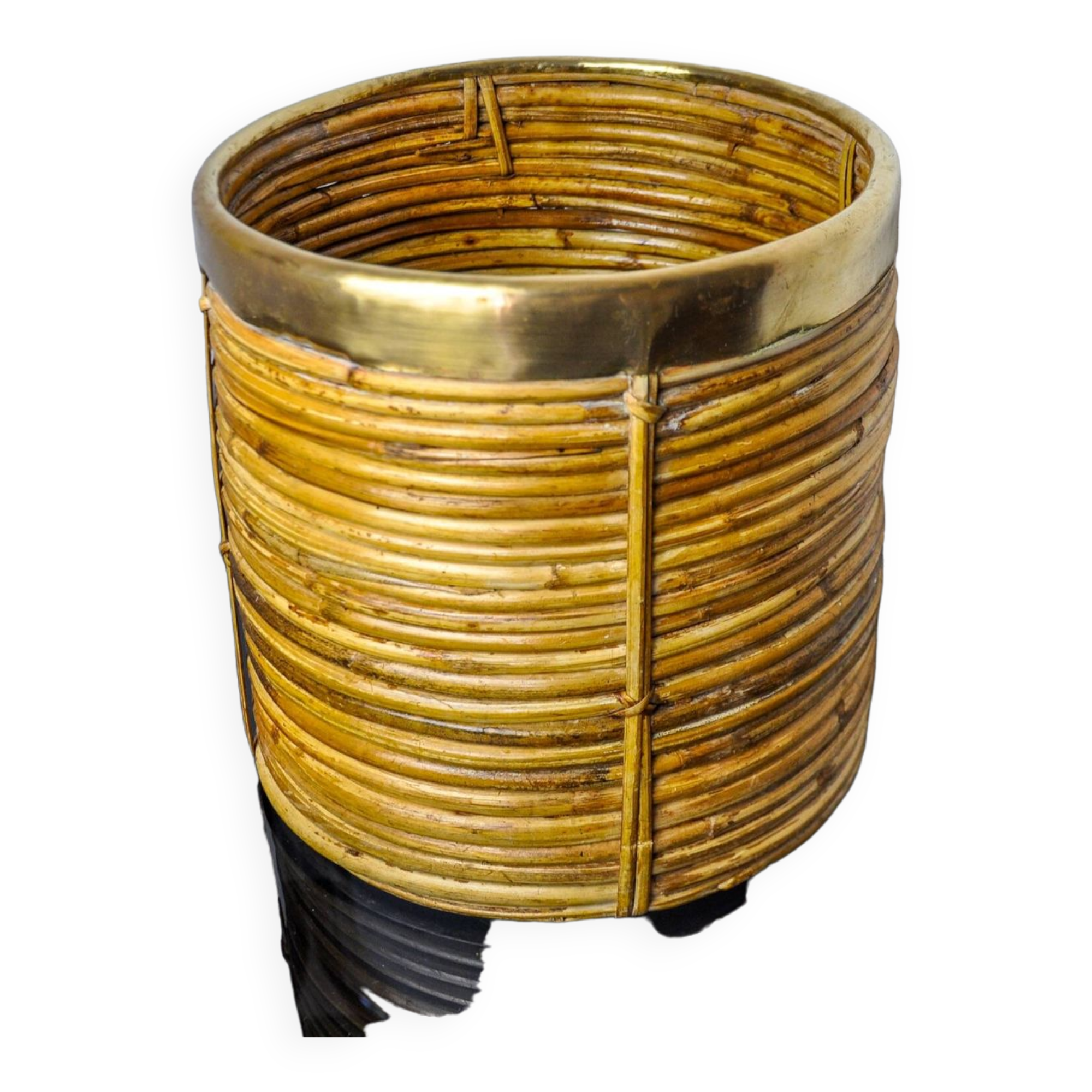 Rattan and brass basket, Italy, 1970, 25 cm diam