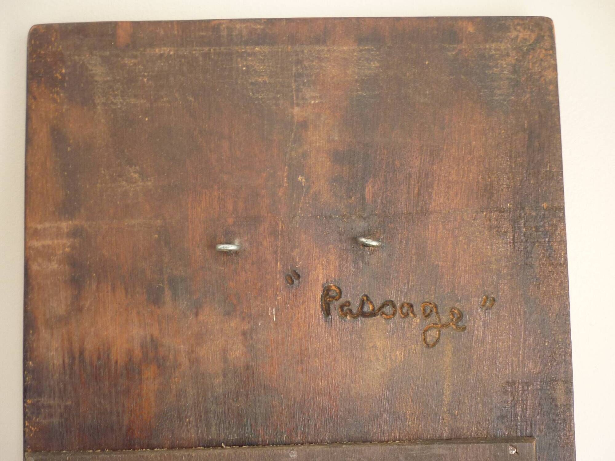 Carved wooden mirror, signed P. Guallino, "le passage", brutalist design from the 80s