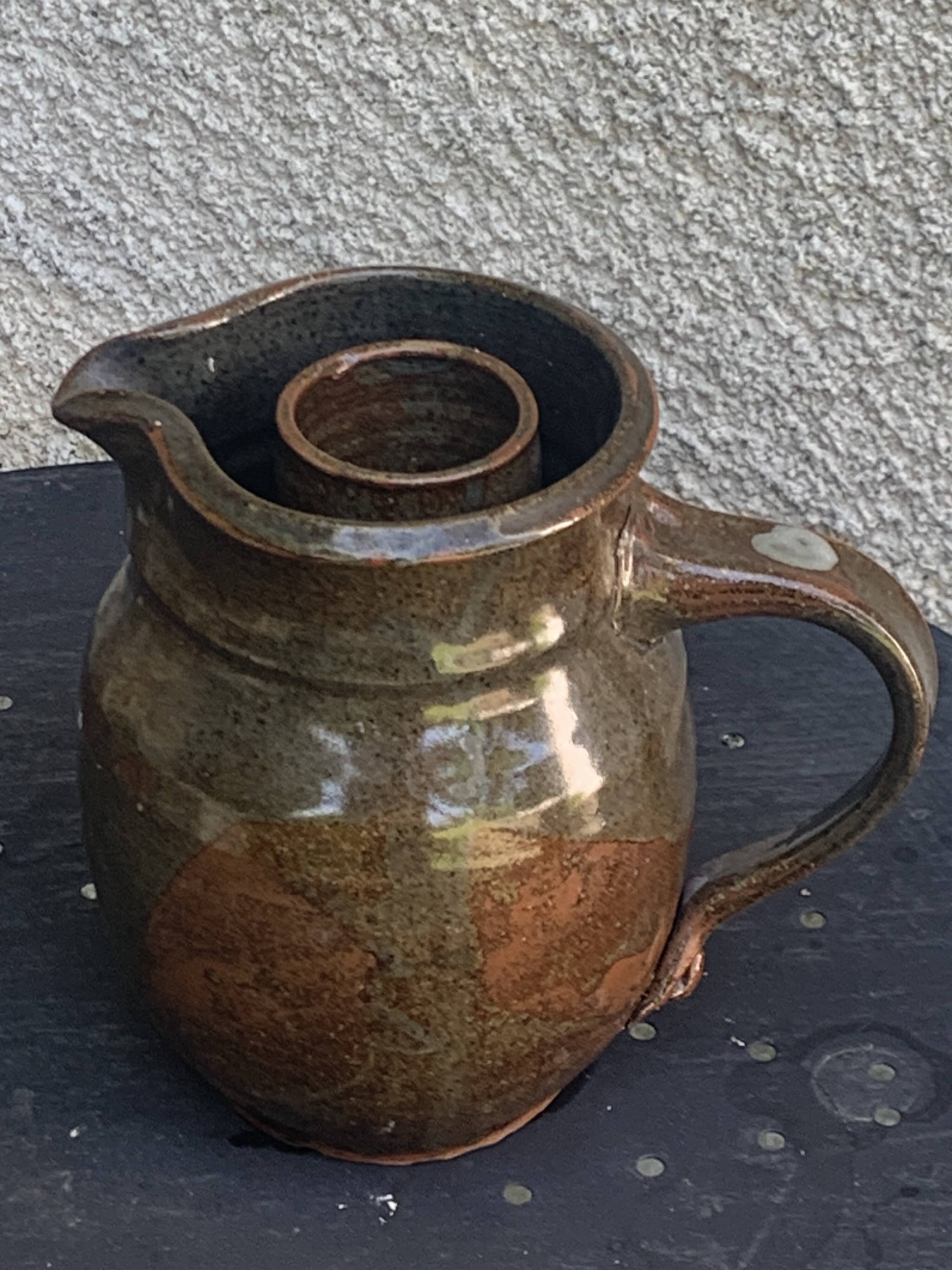 Pitcher, carafe, refreshing jug, ice cube jug, in brown glazed stoneware,