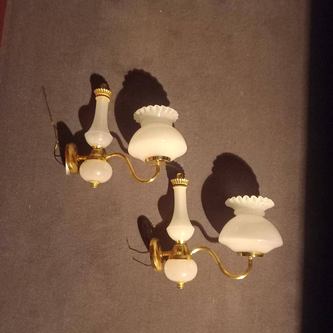 brass and white opaline wall lights