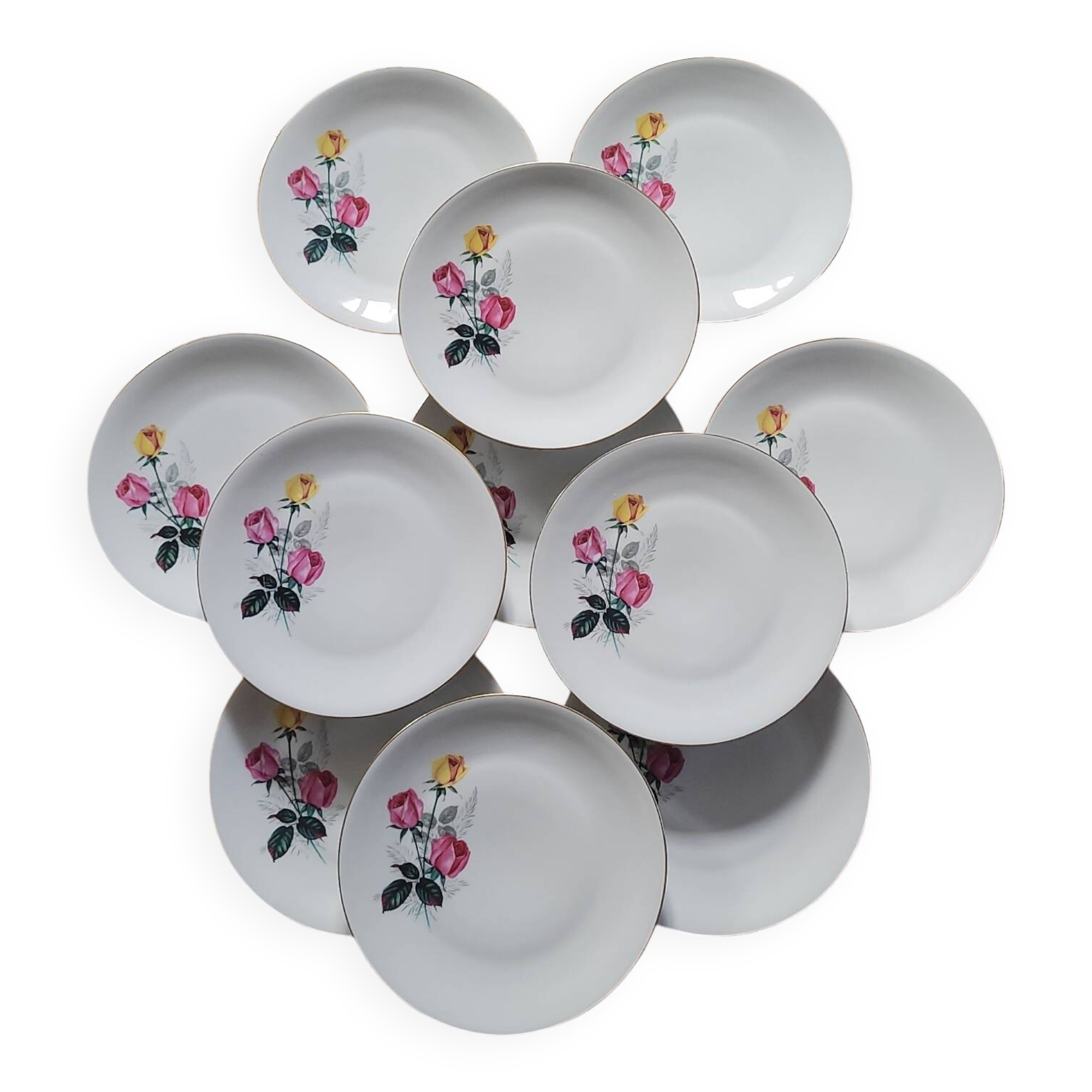 P.L. France porcelain dinner plates with roses — 1950s-60s