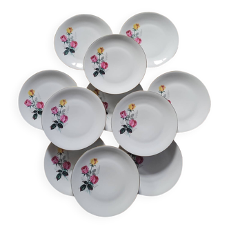 P.L. France porcelain dinner plates with roses — 1950s-60s