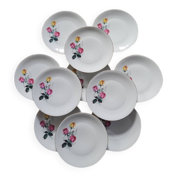 P.L. France porcelain dinner plates with roses — 1950s-60s