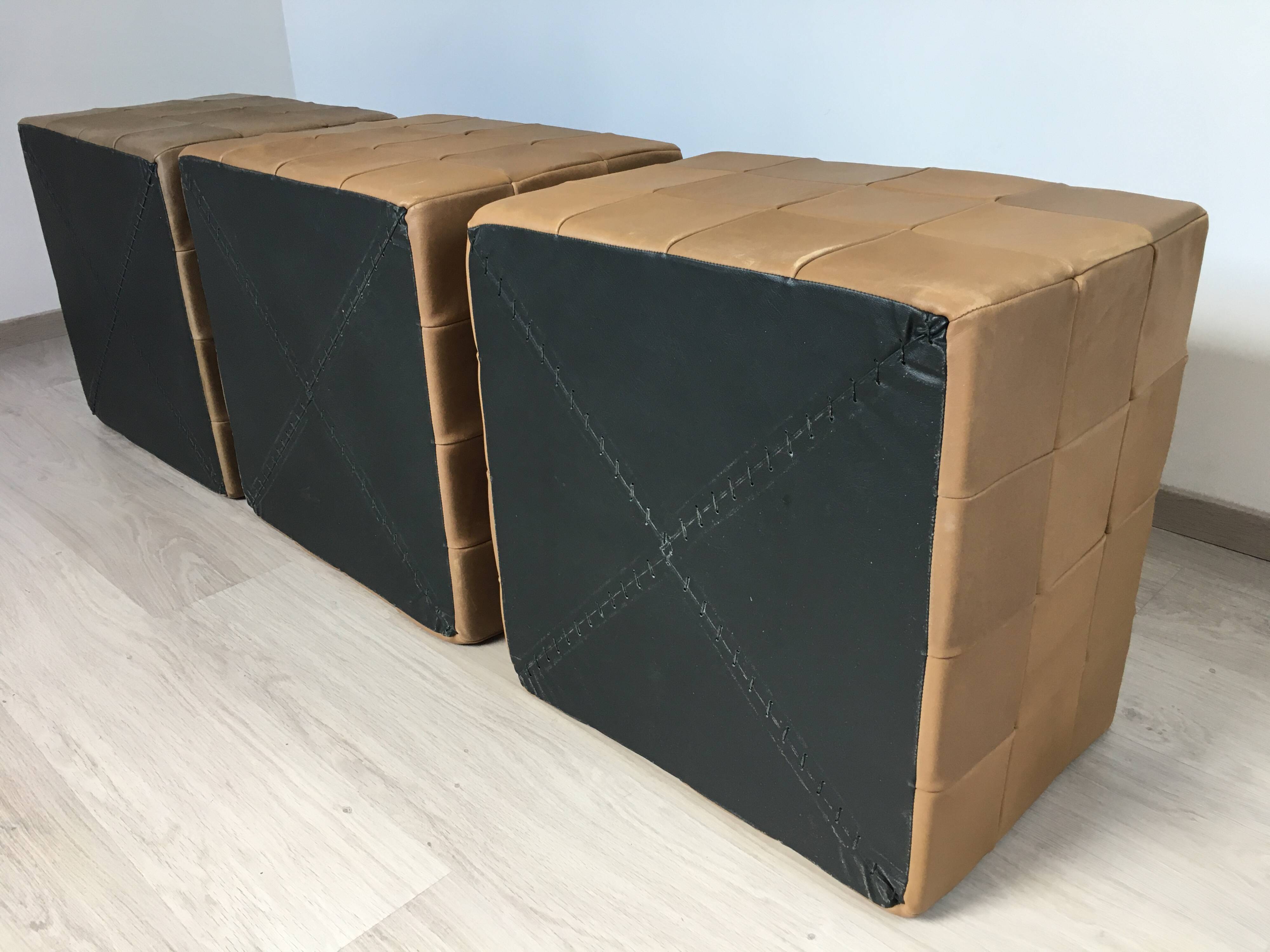 Set of 3 large Cubic De Sede Pouf Swiss leather 70s