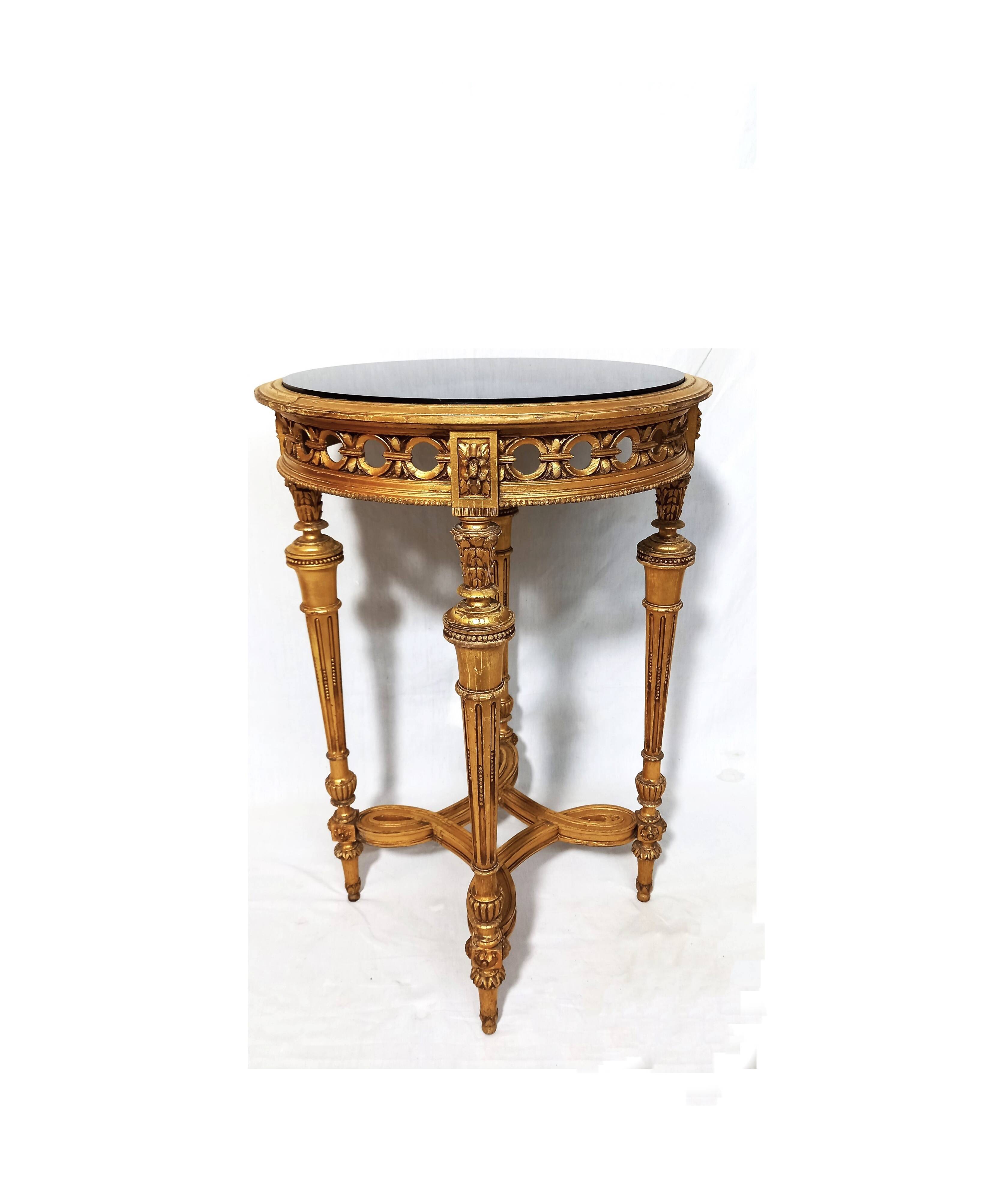 Napoleon III Pedestal Table (late 19th C.) Gilded and Carved Wood with Modern Black Top