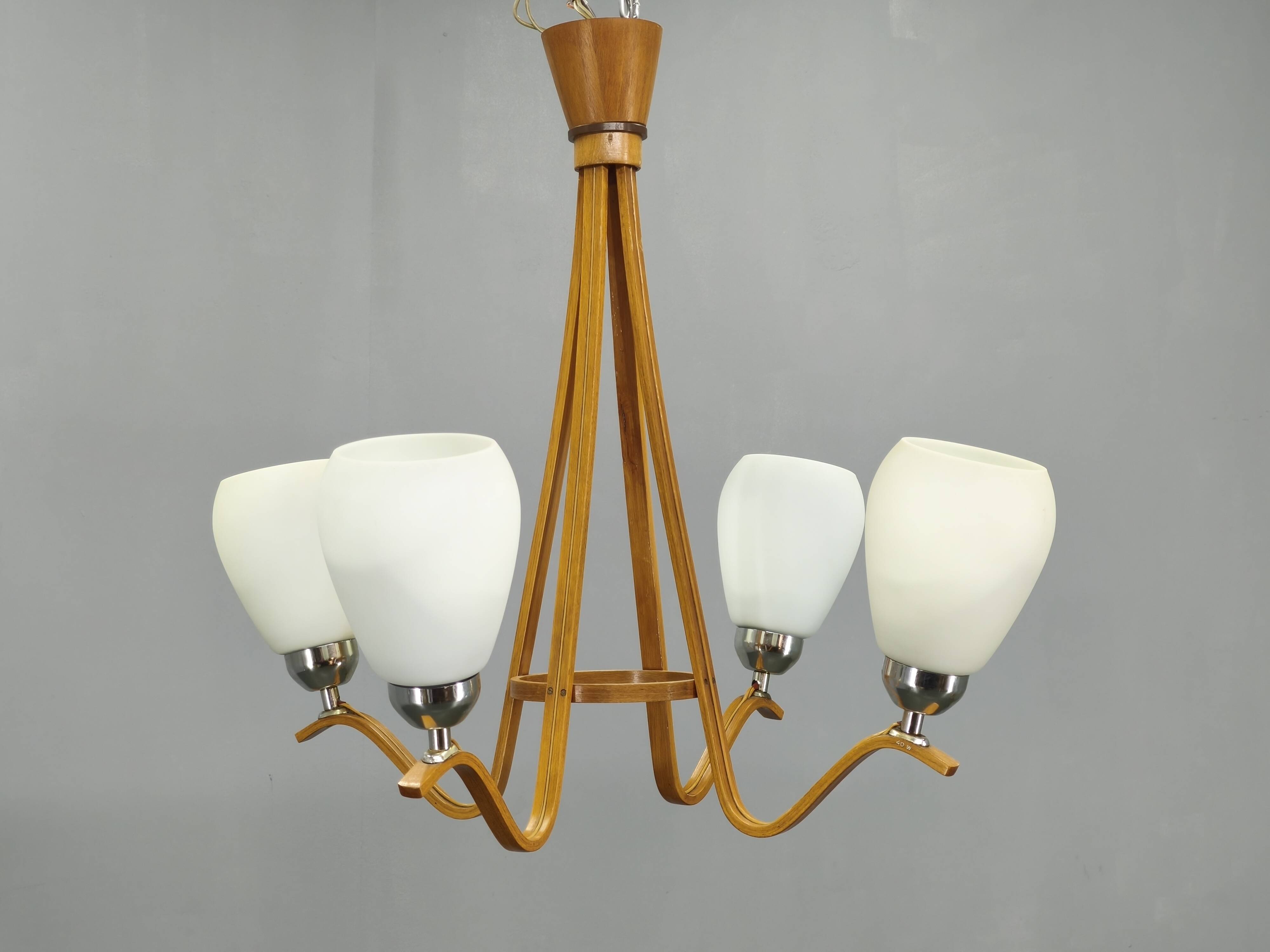 Pair of Czech Mid-Century Wood and Glass Chandeliers by Dřevo Humpolec