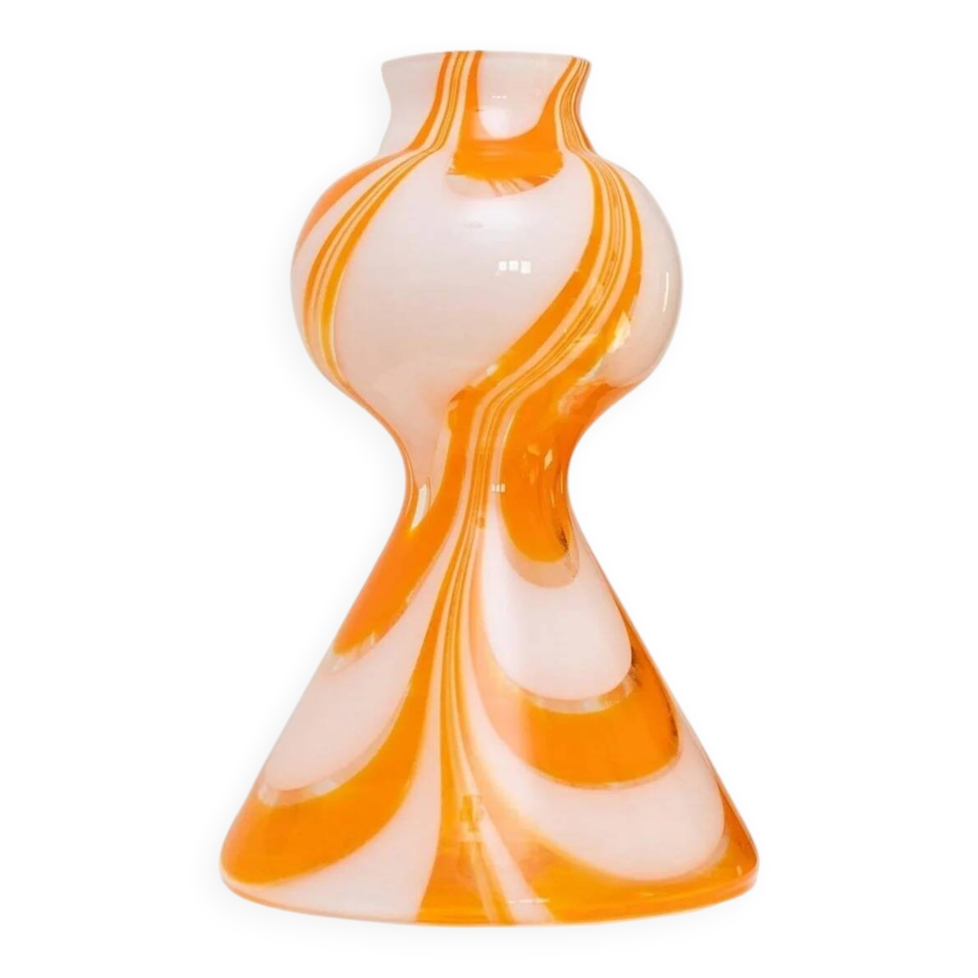 Vase en verre de Murano XL avec tourbillon orange et blanc - Verre soufflé à la bouche, design des années 1970 à Venise.
