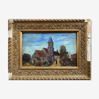 HSP painting "the village church" 19th century + frame to restore