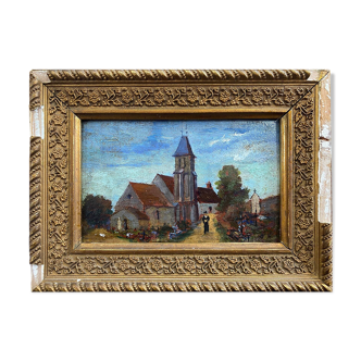 HSP painting "the village church" 19th century + frame to restore