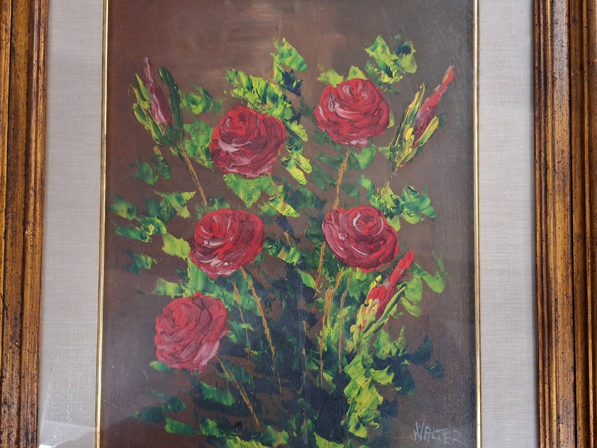 Dipinto "Rose Rosse" – Firmato WALTER – Elegante Cornice Dorata