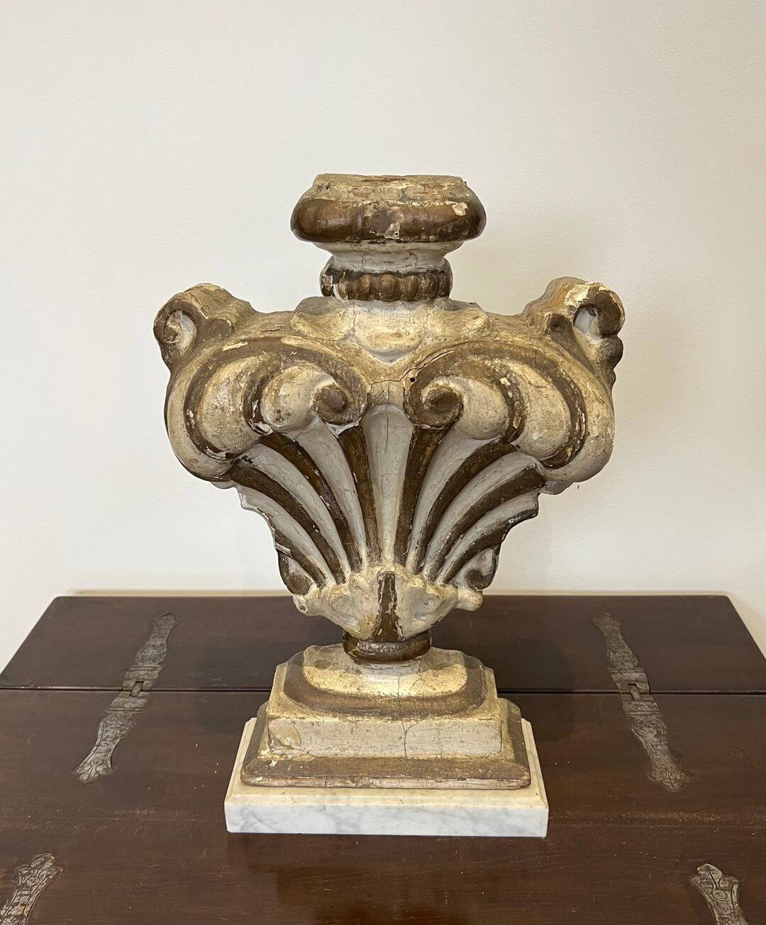 Decorative Element in Carved Wood on a Carrara Marble Base, Baroque I