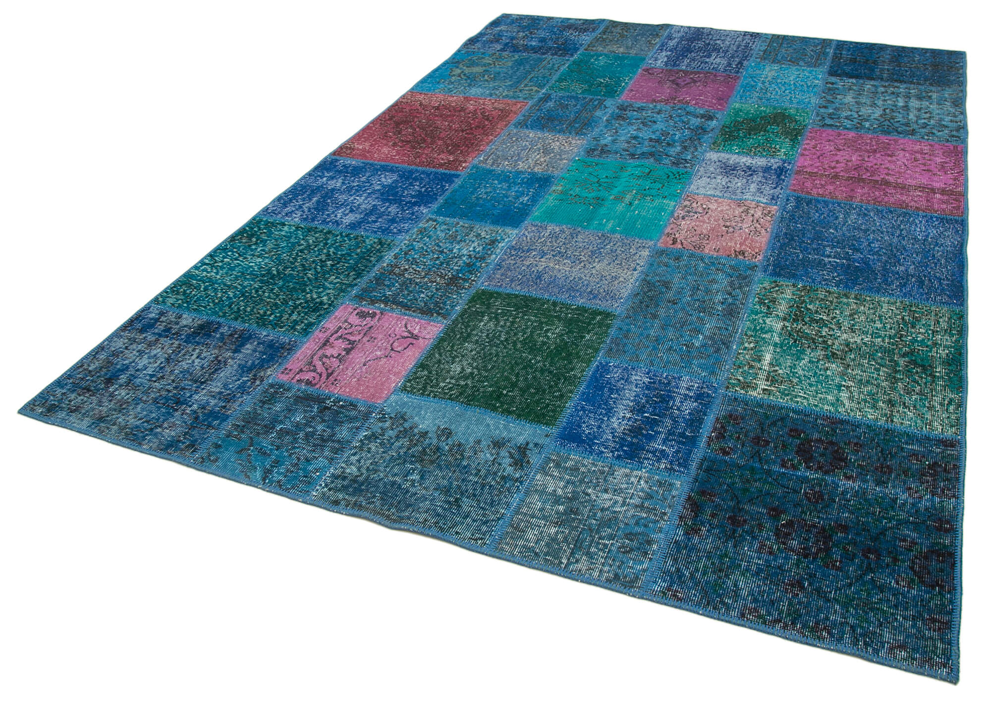 Handmade turkish overdyed 205 cm x 300 cm blue patchwork rug