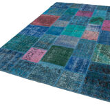 Handmade turkish overdyed 205 cm x 300 cm blue patchwork rug
