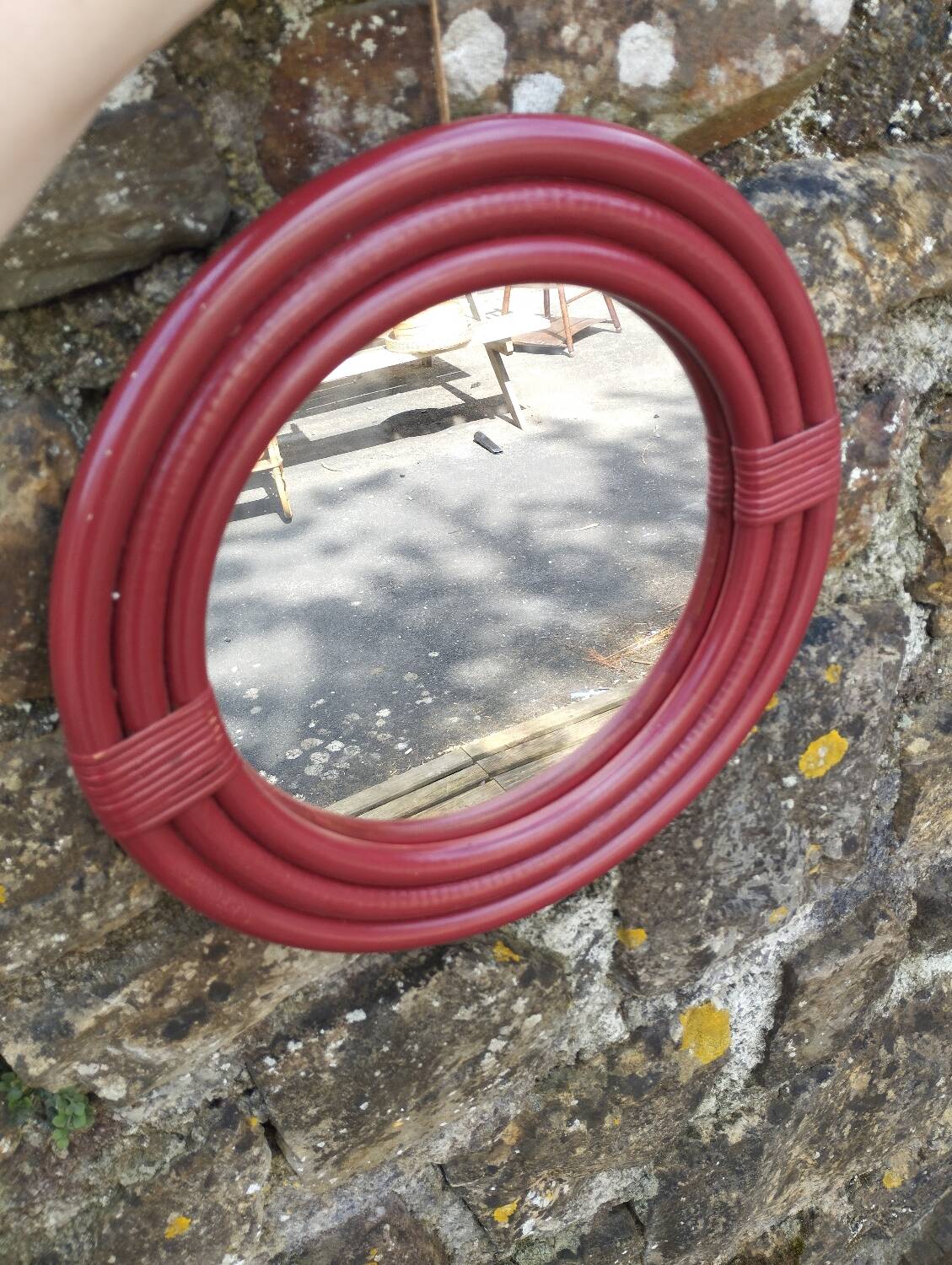 Burgundy rattan mirror