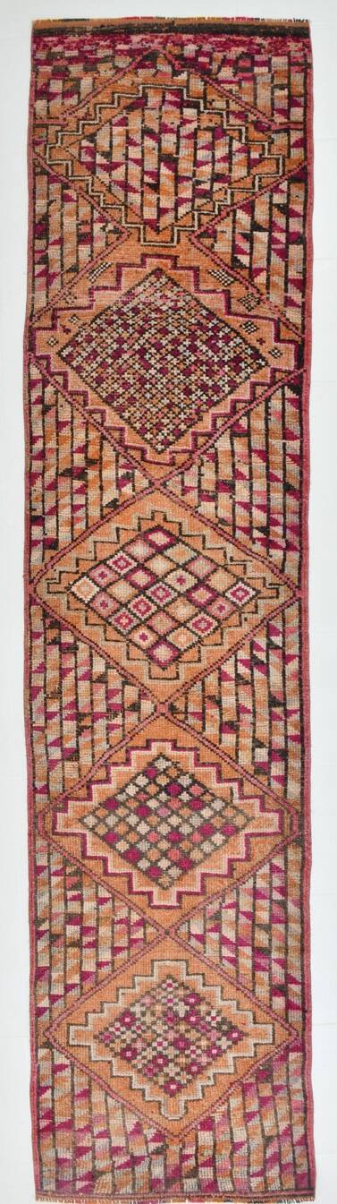 Fuchisa & Burgundy Turkish Runner Rug, One of a Kind Hallway Runner