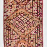 Fuchisa & Burgundy Turkish Runner Rug, One of a Kind Hallway Runner