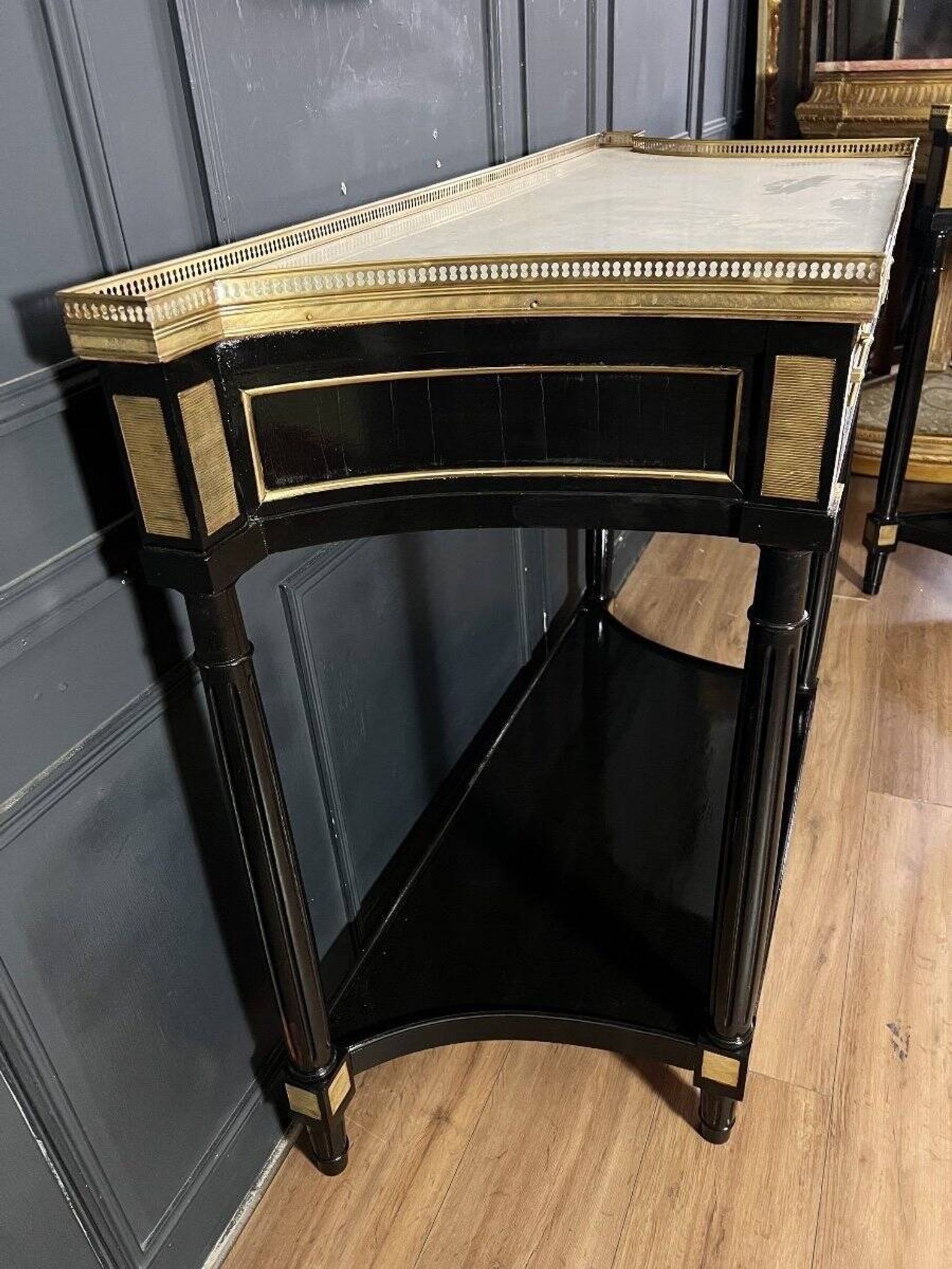 Pair of Louis XVI Style Black Lacquered Wood Console Tables