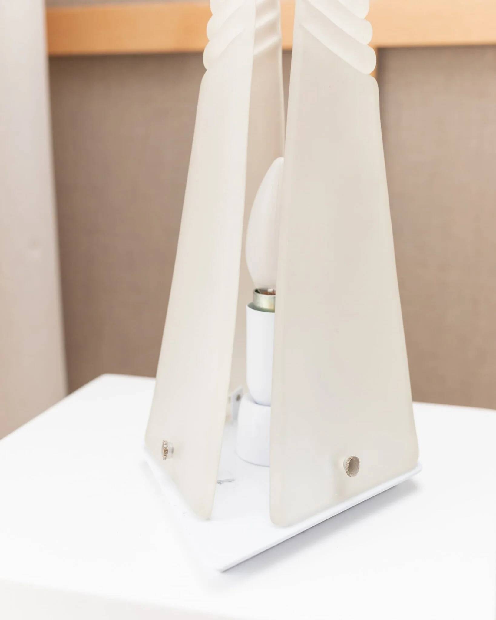 Milky White Murano Frosted Glass Pyramid Table Lamp with White Metal Base - Italian Space Age Design, 1970s