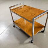 Vintage rolling side table in elm burl and chrome, 1970s