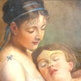 French school of the 19th century. mother and daughter. oil on canvas framed