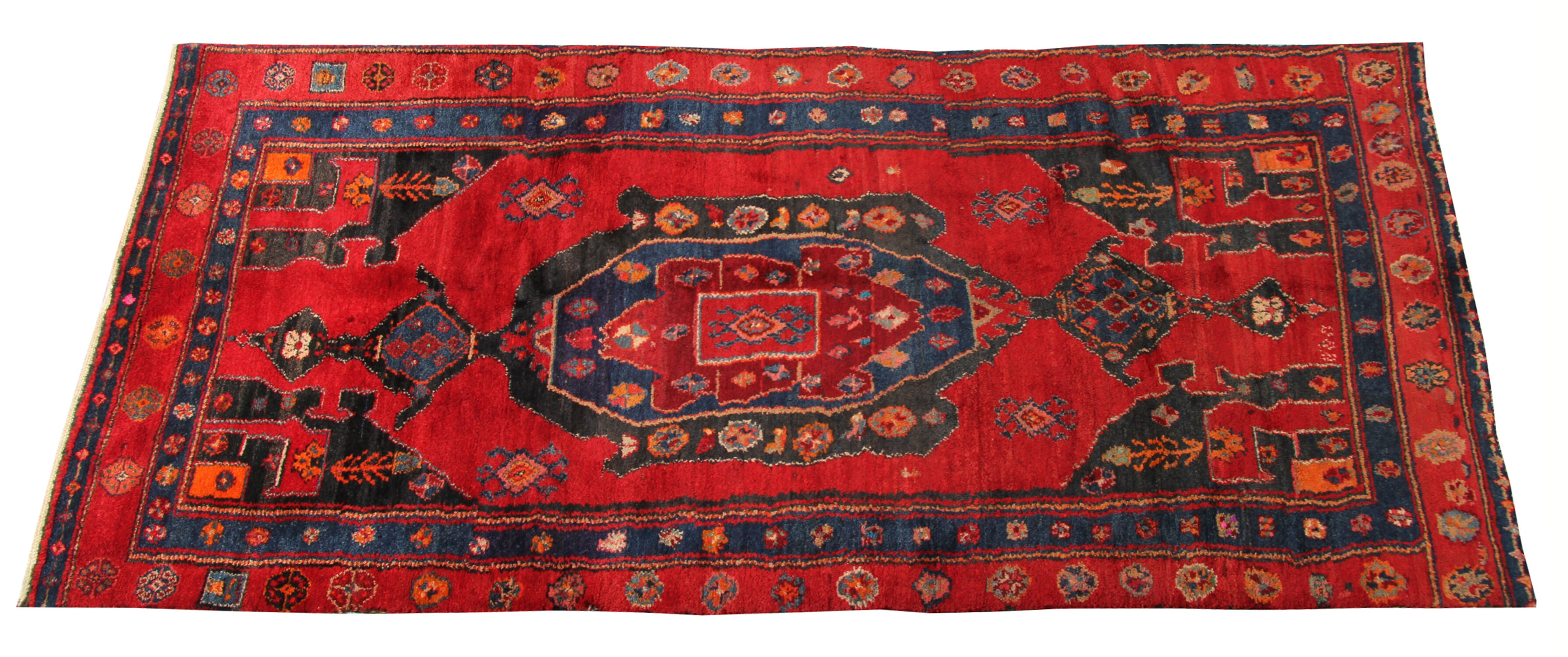 Tapis de coureur oriental bleu rouge long tapis géométrique en laine fait à la main 125x270cm