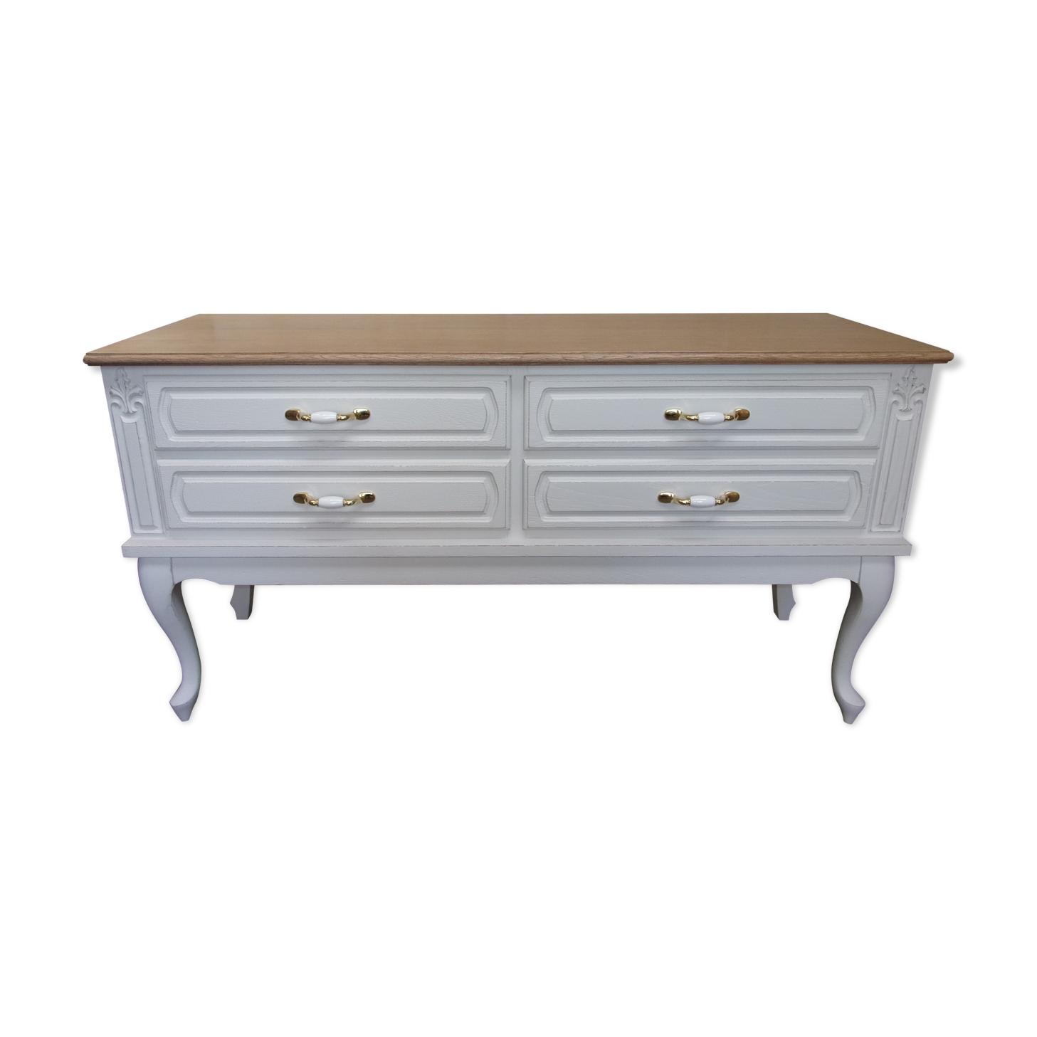Commode basse meuble TV rangements relooké gris claire et bois naturel