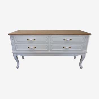 Commode basse meuble TV rangements relooké gris claire et bois naturel