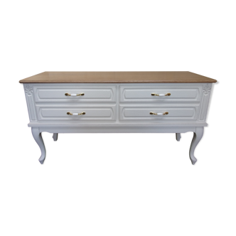 Commode basse meuble TV rangements relooké gris claire et bois naturel