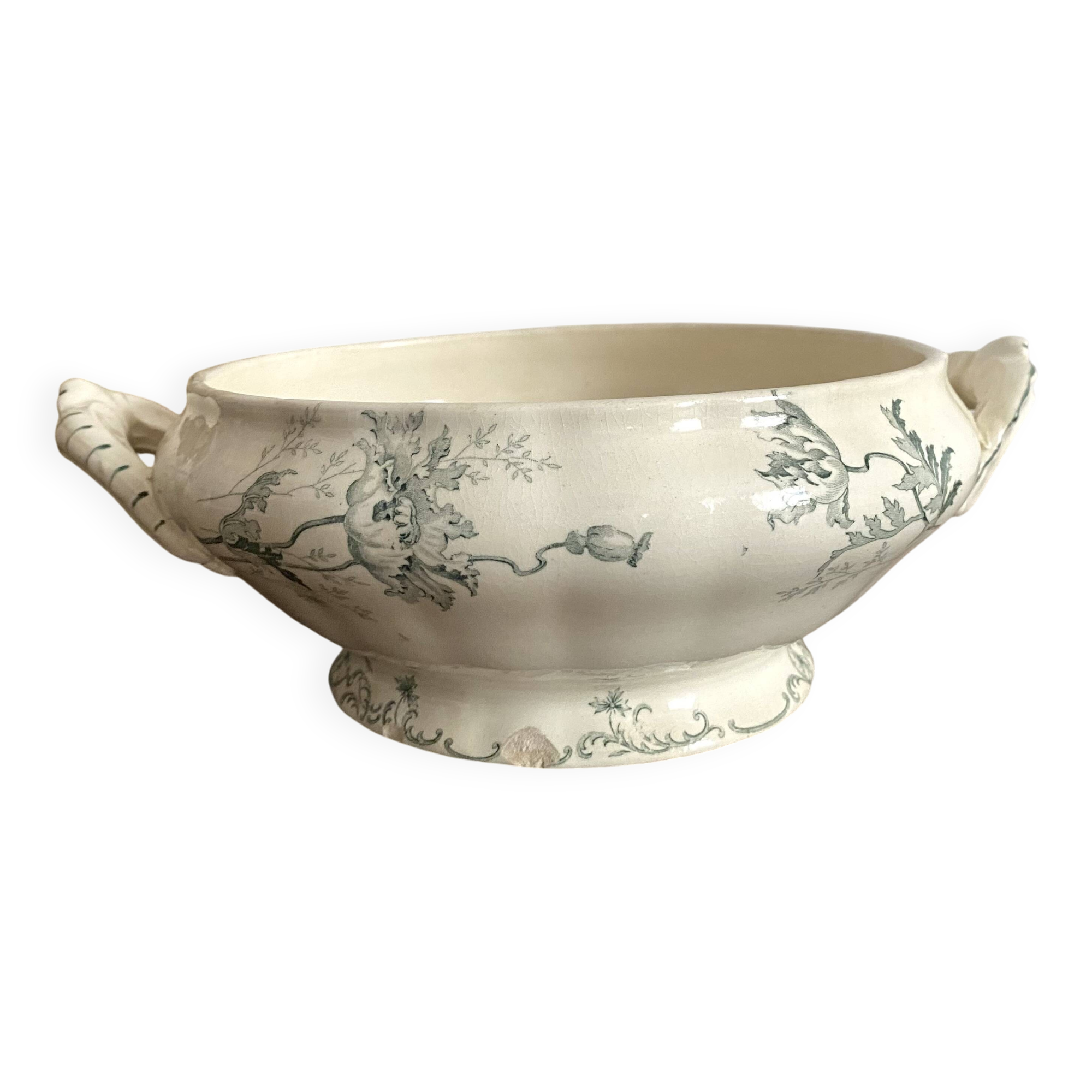 iron earth fruit bowl, old vegetable dish with poppies, Choisy le Roi