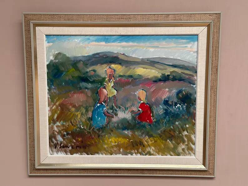 Original Swedish Oil on Canvas - "Children Playing" by Nils Sewerin (1920-1985) - Signed - Vintage and Framed - 77 × 66 cm (30.3" × 26")