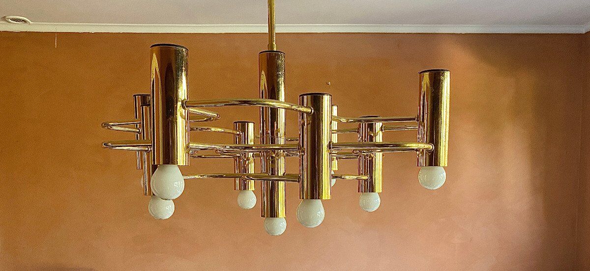 Golden chandelier 9 fires from Sciolari Italy 1960