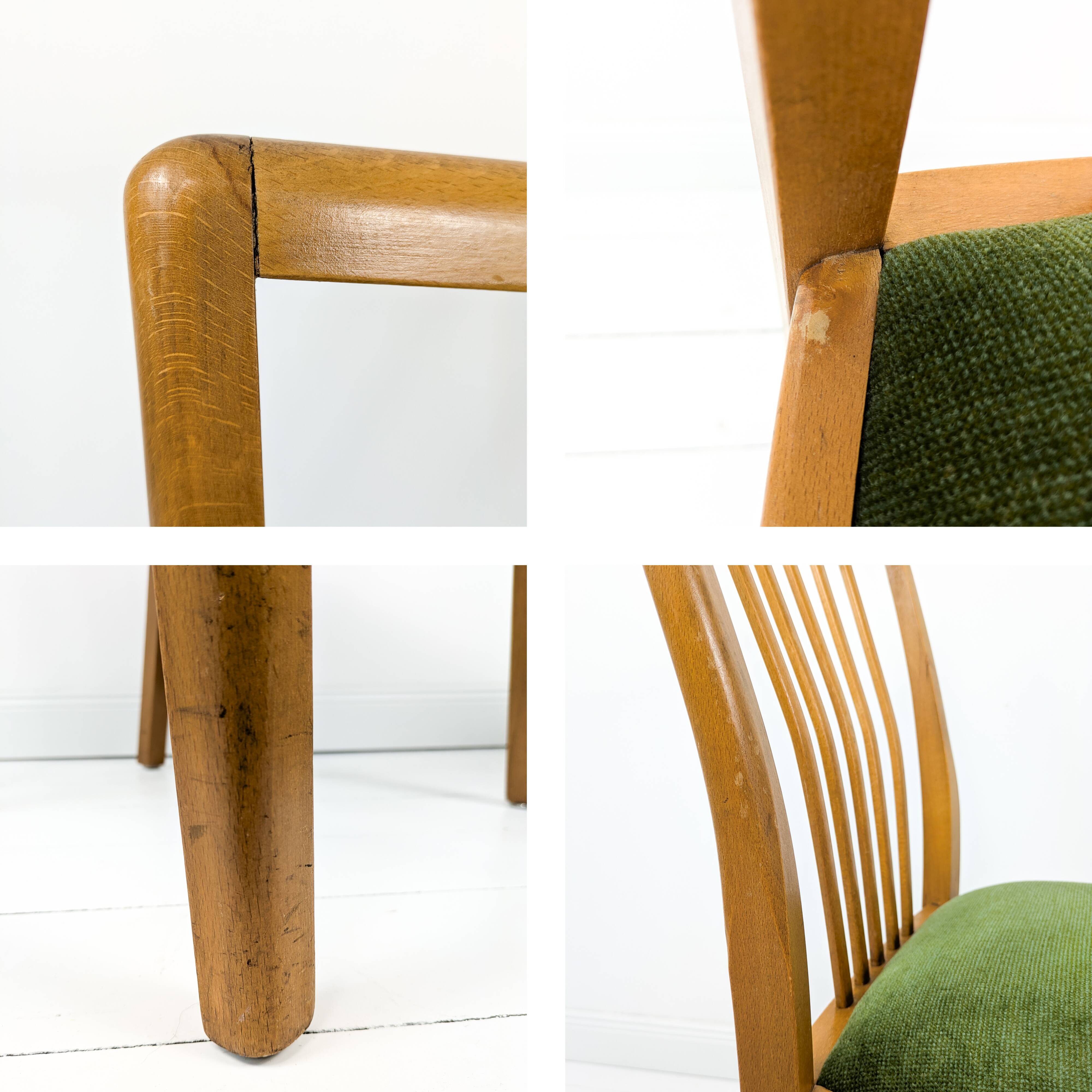 Lot de 4 chaises Mid-Century à barreaux, tissu vert foncé