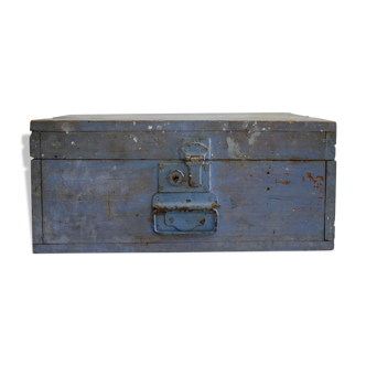 Coffre en bois patine bleue parme - valise en bois vintage