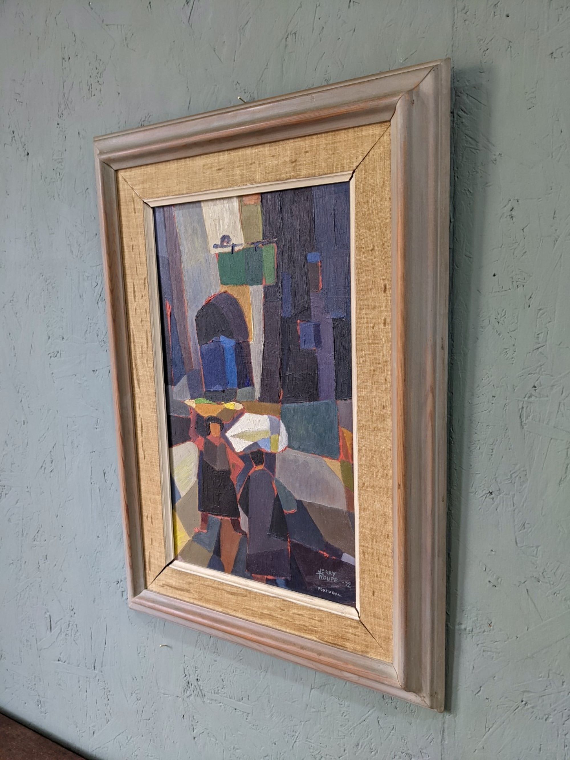 Mid-century modern swedish "streets of portugal" street scene oil painting, framed