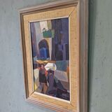 Mid-century modern swedish "streets of portugal" street scene oil painting, framed