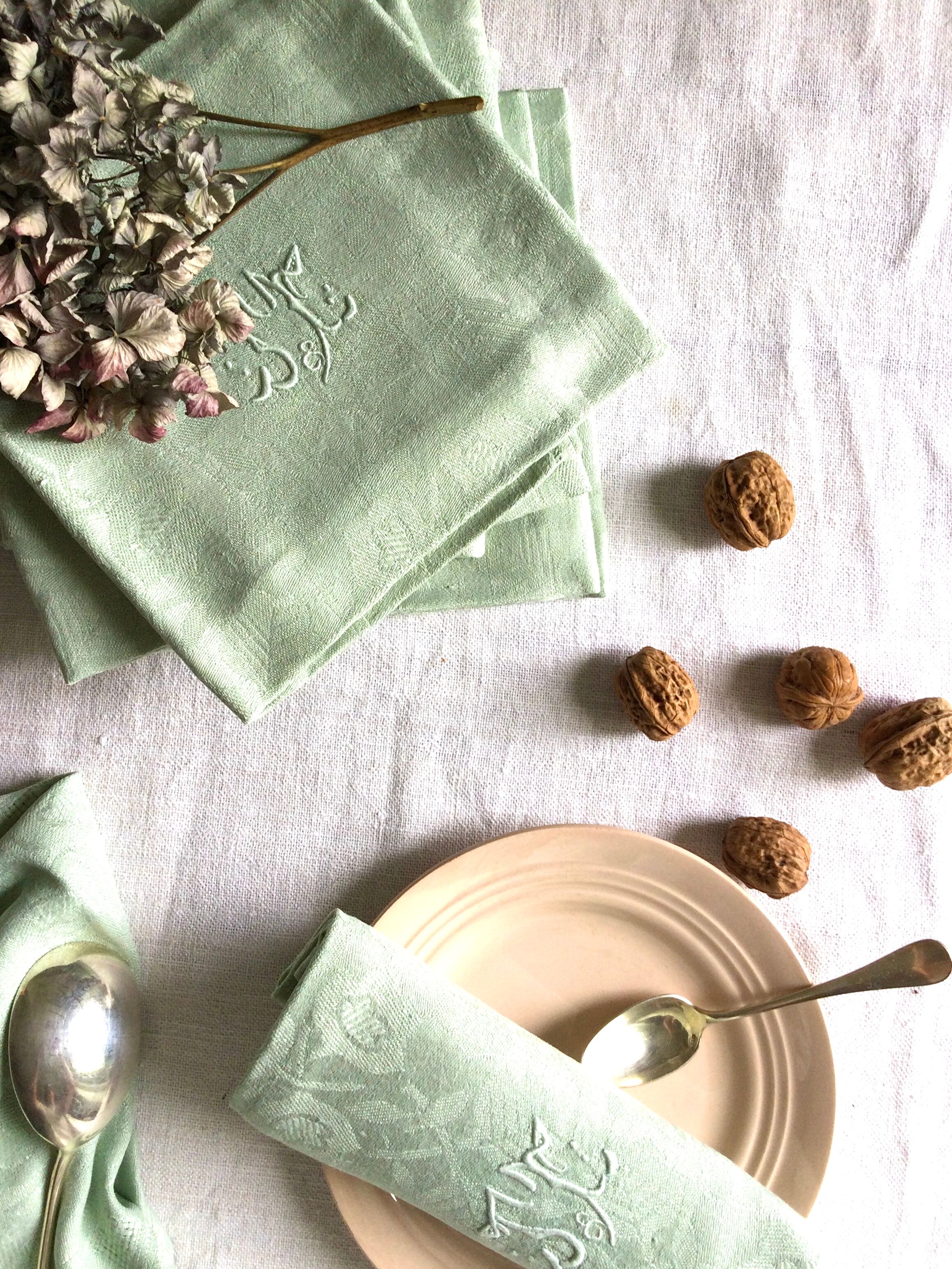 Set of six old damasked napkins dyed in celadon green