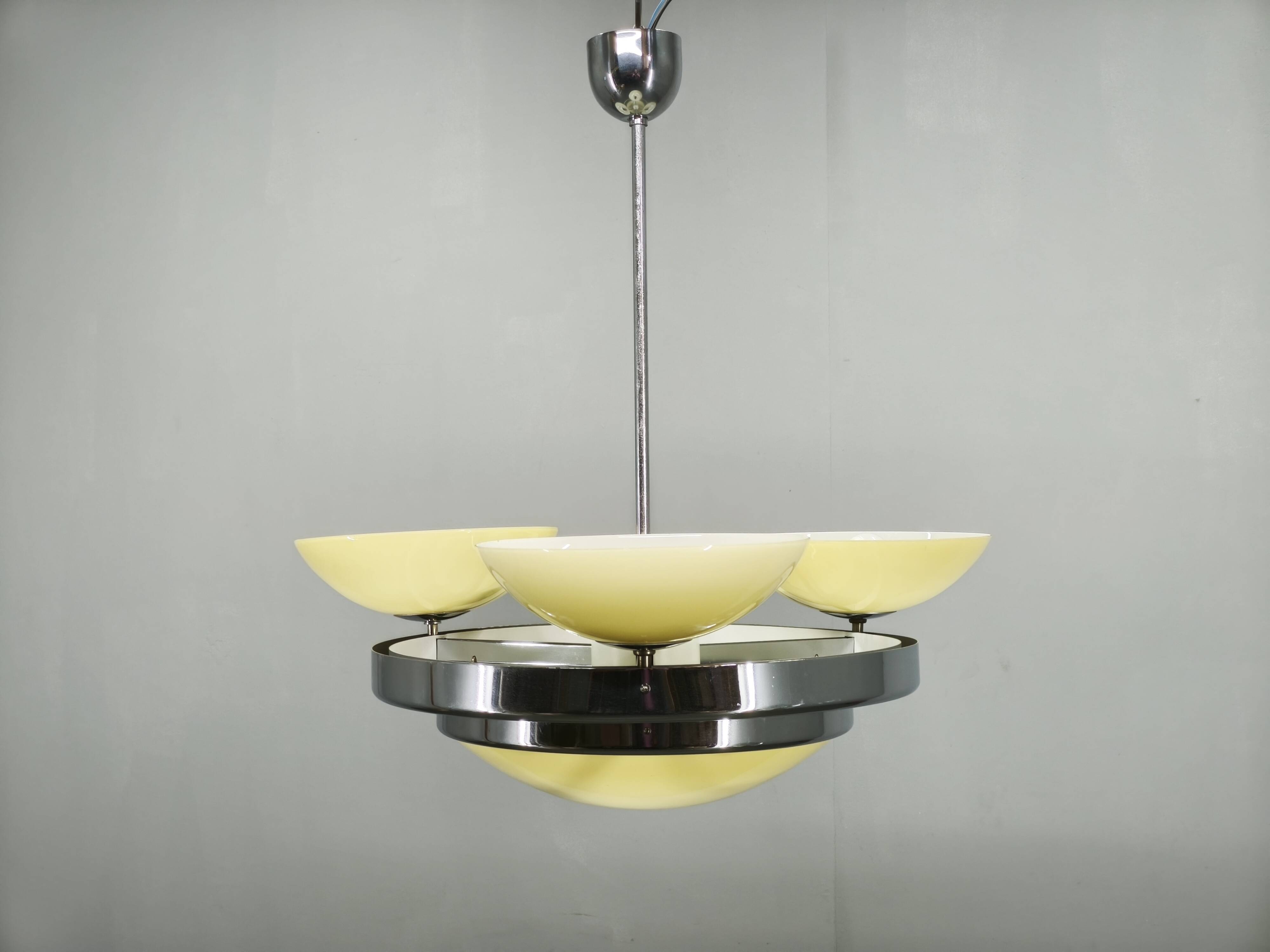 Czech Art Deco Opaline Glass Chandelier, 1940s