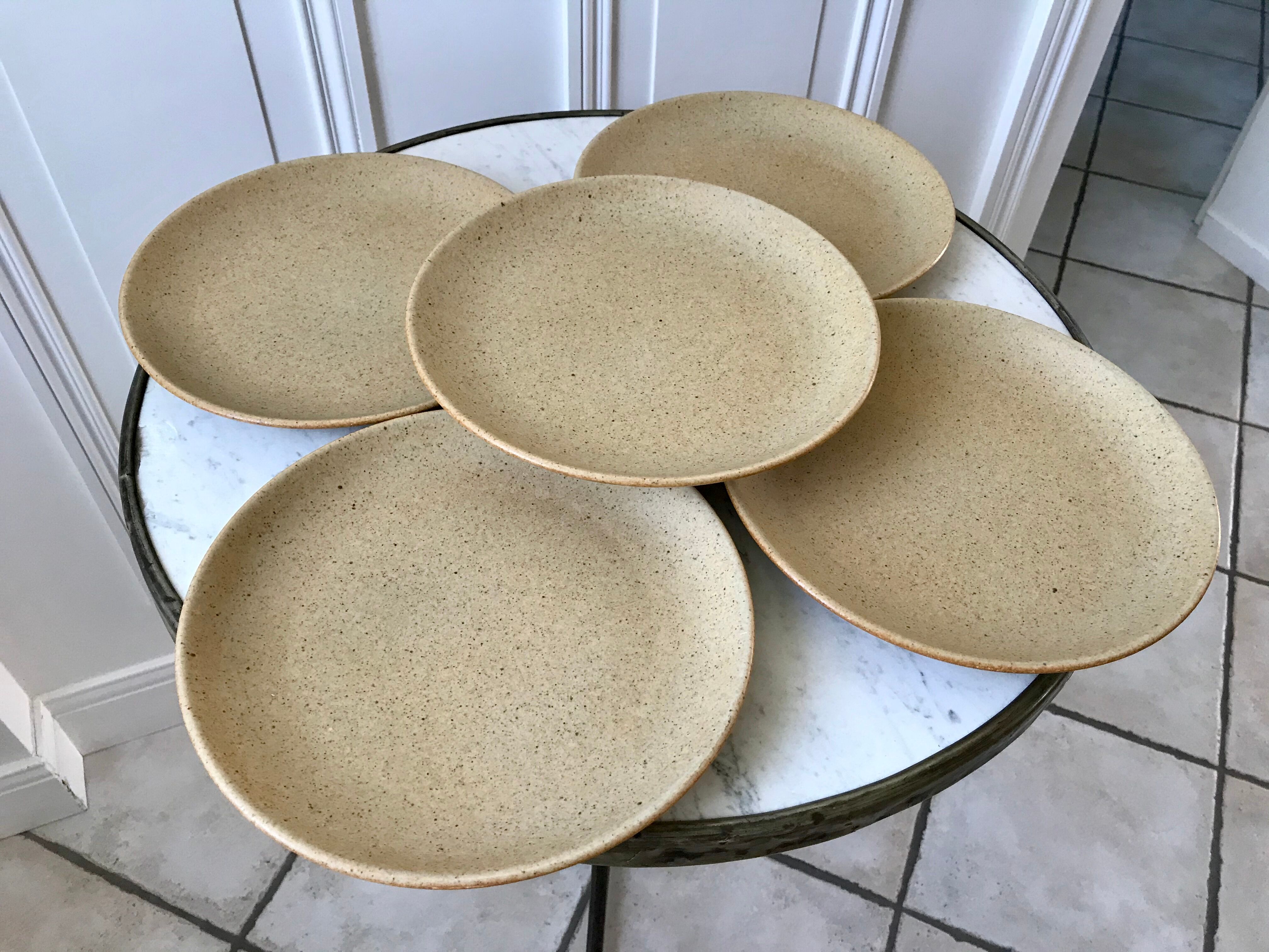 lot of 5 flat stoneware plates Made in France 70s