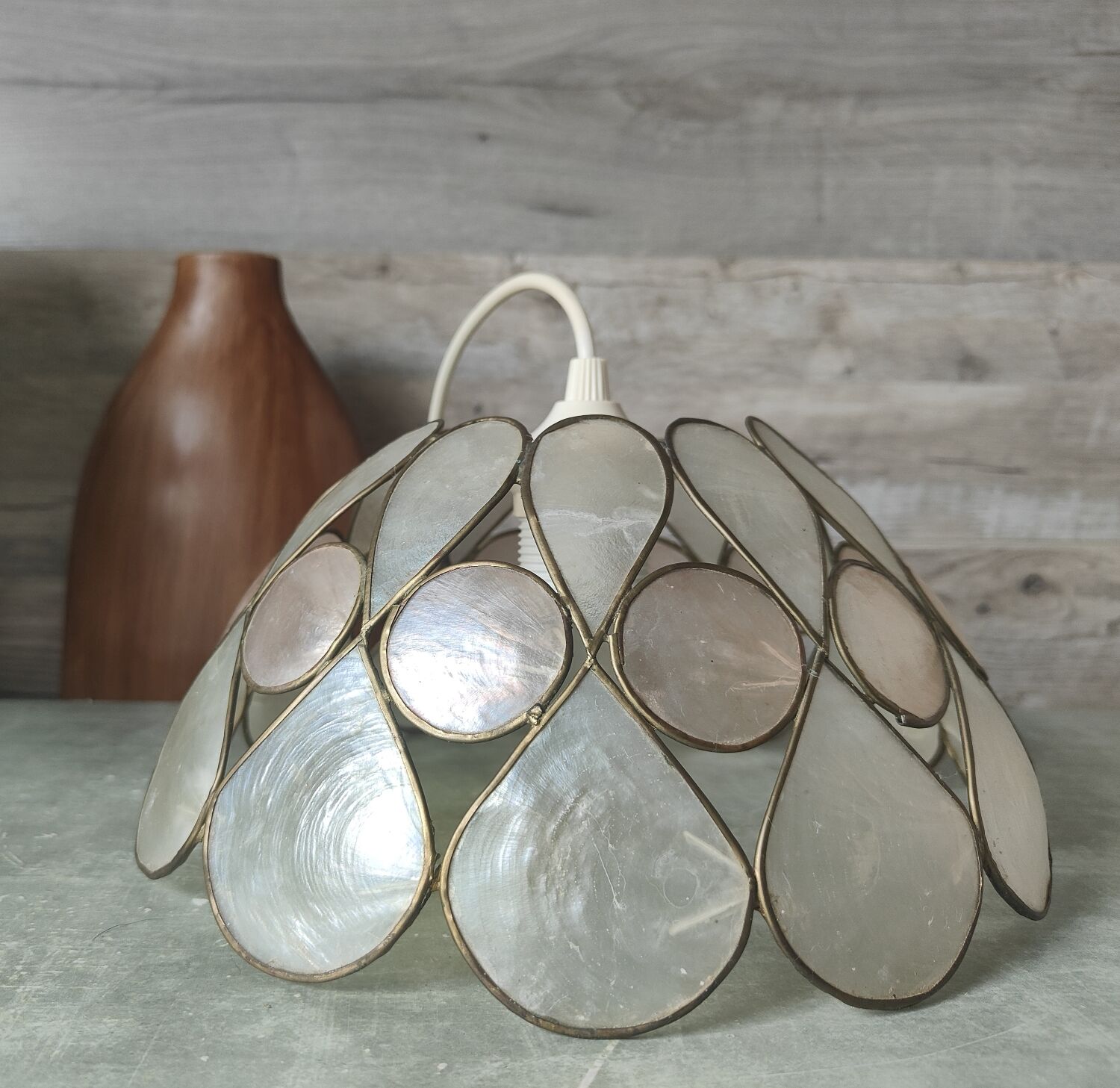Vintage mother-of-pearl and brass pendant lamp