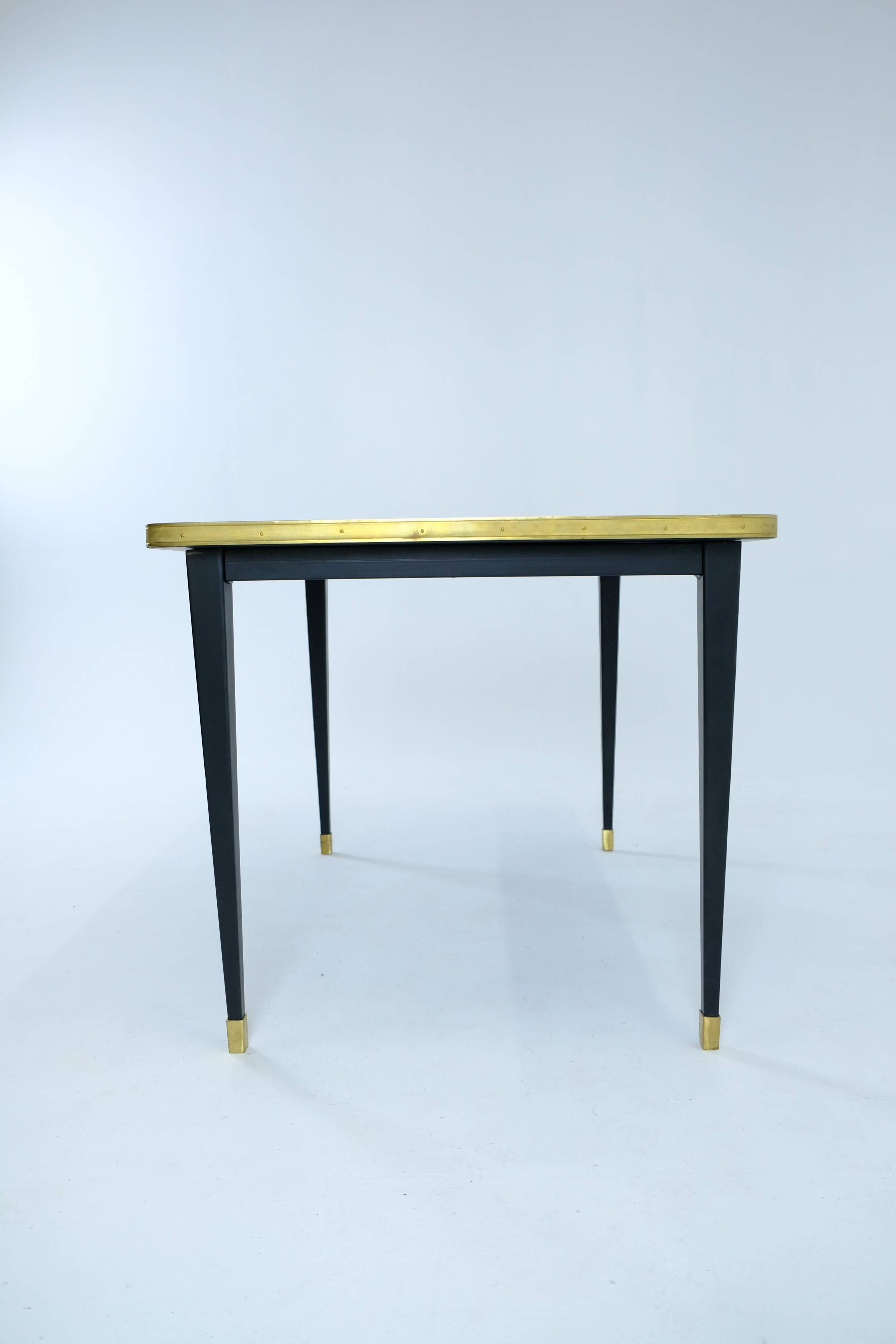 Dining Table, High Gloss Laminate, Brass, Tapered Legs, Midnight Blue - M