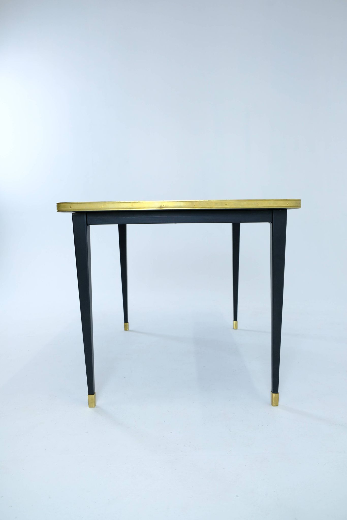 Dining Table, High Gloss Laminate, Brass, Tapered Legs, Midnight Blue - M
