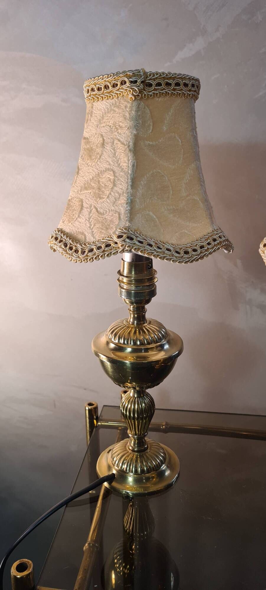 Pair of brass bedside lamp, with pretty velvet lampshade 31x14