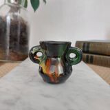 Vase miniature en céramique verte, jaune et orange, Lozère